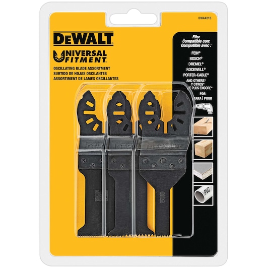 DEWALT Universal Fitment oscillating blade assortment in retail packaging, showing three multi-tool blades designed for cutting wood, drywall, and PVC. Package displays compatibility with several tool brands such as Bosch, Dremel, Rockwell, and more.