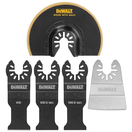 A set of DEWALT oscillating tool blades including one circular blade labeled 'Wood with Nails', three straight blades labeled for wood and wood with nails, and one wide scraper blade, displayed against a white background.