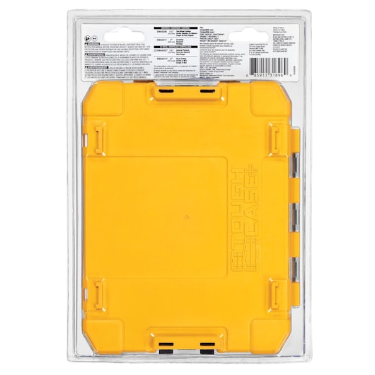 Back view of a DEWALT DWA4216 product in its packaging, showing a yellow plastic case labeled 'Tough Case+' and a section with product information at the top.