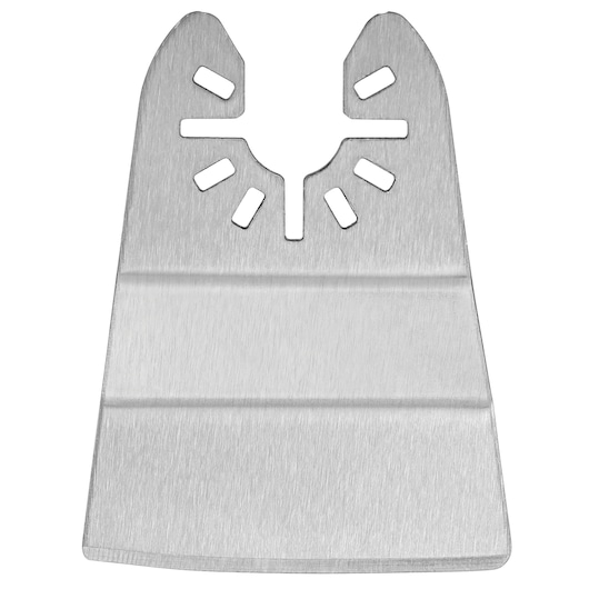 A silver DEWALT oscillating tool blade with a flat, wide edge and notched attachment point, suitable for scraping or cutting tasks.