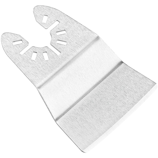A close-up image of a DEWALT oscillating tool scraper blade with a silver finish, showing its flat edge and mounting slots.