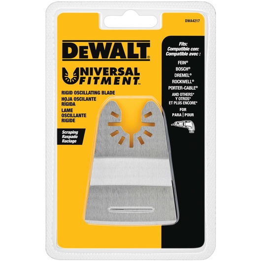 Packaged Dewalt rigid oscillating blade for scraping, model DWA4217, shown in a yellow and black blister pack with universal fitment listed and compatible brands displayed.