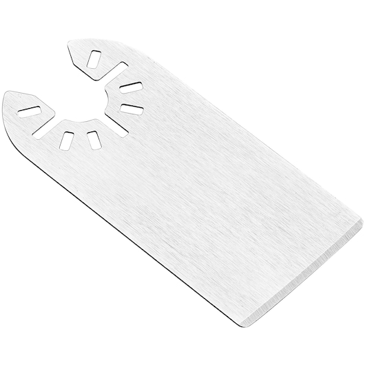 A DEWALT metal oscillating tool scraper blade, rectangular with a notched fitting end, suitable for removing materials.