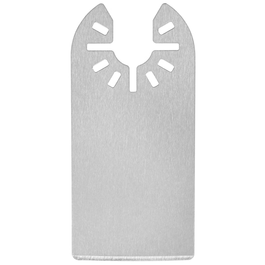 A silver metallic oscillating tool scraper blade with a flat rectangular edge and a uniquely shaped attachment head.