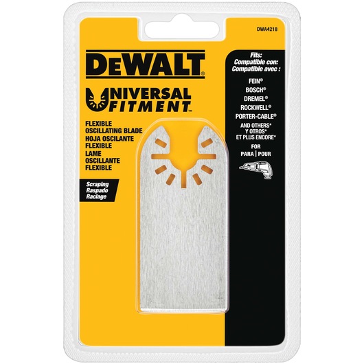 Packaged DEWALT Universal Fitment flexible oscillating blade for scraping, compatible with various tool brands. The product is displayed in its retail packaging with yellow and black design and multilingual text.