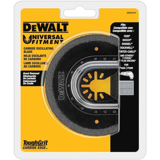 DEWALT Universal Fitment carbide oscillating blade for grout removal, in its retail packaging. The package is yellow and black, showing compatibility with multiple tool brands, and features a ToughGrit carbide edge.