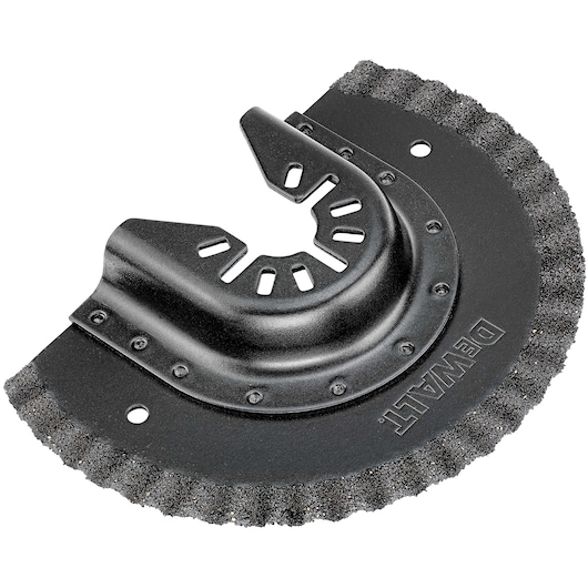 A close-up image of a DEWALT DWA4220 oscillating tool blade attachment with a black, semi-circular design and a coarse edge for cutting or scraping, photographed against a white background.