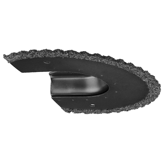 Close-up view of a DEWALT oscillating tool blade with a carbide grit edge, used for applications such as grout removal and cutting tough materials. The blade is black with a textured cutting edge.