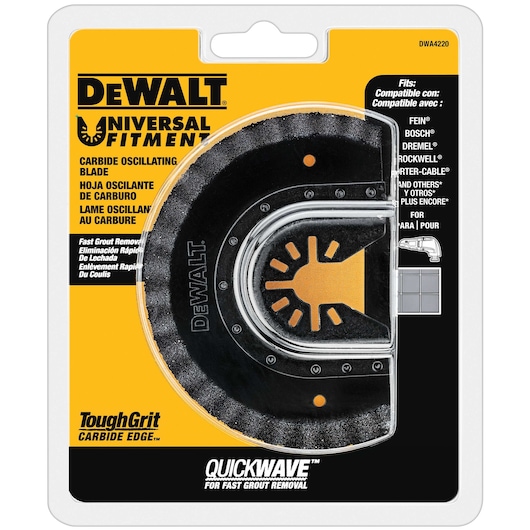 Packaging of a DEWALT DWA4220 Universal Fitment carbide oscillating blade for fast grout removal. The package is yellow and black, shows compatibility with multiple tool brands, and includes product details in English, Spanish, and French.