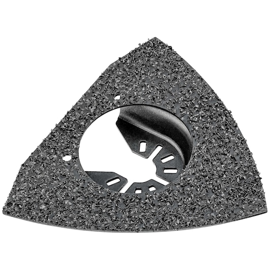 A close-up image of a DEWALT DWA4221 triangular-shaped oscillating tool accessory with a coarse, gritty surface and a central circular mounting hole.