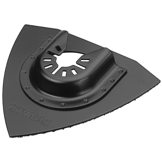 A DEWALT triangular sanding pad attachment for a power tool, shown in black. The pad has a central mounting area with slotted openings and is marked with the DEWALT brand name.