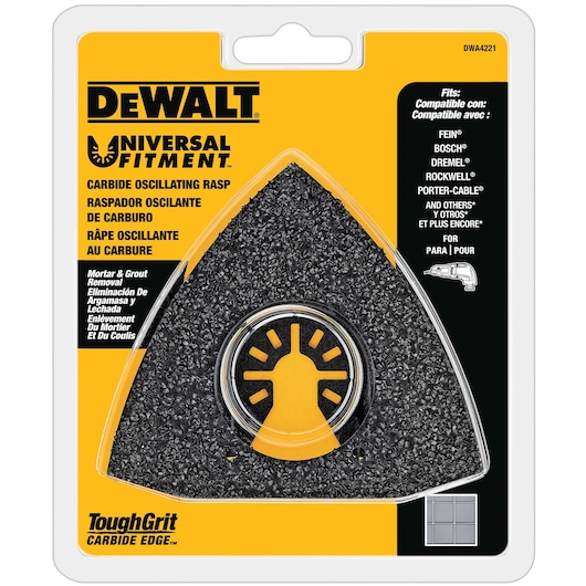 DEWALT carbide oscillating rasp (SKU: DWA4221) in retail packaging. The triangular black and yellow tool is designed for removal of mortar and grout, and features a universal fit compatible with various power tool brands. Packaging highlights ToughGrit carbide edge and compatibility details.