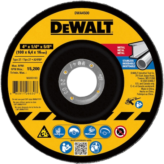 A DEWALT branded abrasive grinding wheel for metal and stainless steel, with product number DWA4500. The wheel is black with a yellow and red label, showing specifications: 4 inches x 1/4 inch x 5/8 inch (100 x 6.4 x 16 mm), maximum RPM 15,200. The packaging includes safety and usage icons, barcodes, and instructions in English, French, and Spanish.