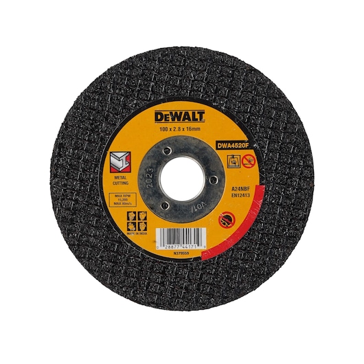 A DEWALT brand metal cutting disc, model DWA4520F, with a diameter of 100mm, thickness of 2.8mm, and bore size of 16mm. The disc is designed for cutting metal and features a yellow label with safety icons and product details.
