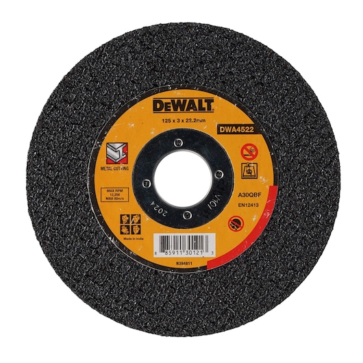 Photo of DEWALT cutting disc DWA4522, 125mm diameter, black textured surface, yellow label, front view.