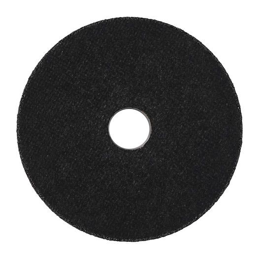 Photo of DEWALT DWA4522 black abrasive cutting disc, round with center hole, front view, photography category.