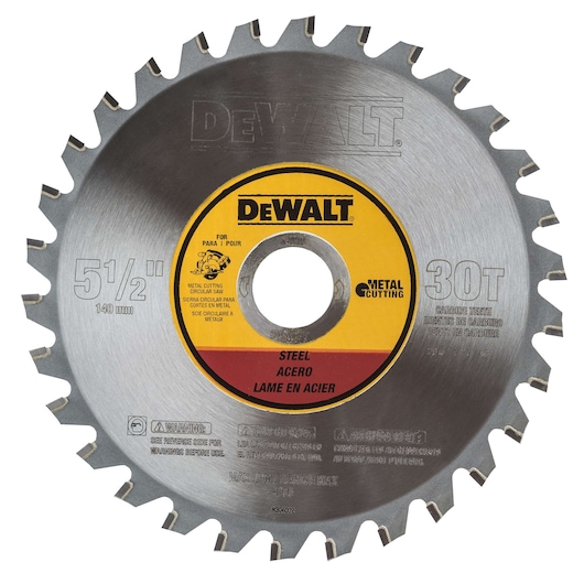 DEWALT brand metal cutting circular saw blade, model DWA7770-KR, with 30 carbide teeth, 5-1/2 inch (140mm) diameter, designed for cutting steel.