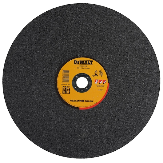 A DEWALT branded metal cutting abrasive wheel with a yellow center label, model DWA8011R, designed for general purpose metal cutting.