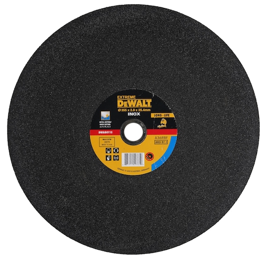 A DEWALT branded cutting disc with the model number DWA8011S, measuring 355 x 2.8 x 25.4 mm, designed for cutting and marked for use on stainless steel (INOX). The disc is mostly black with a central label showing specifications and safety information.