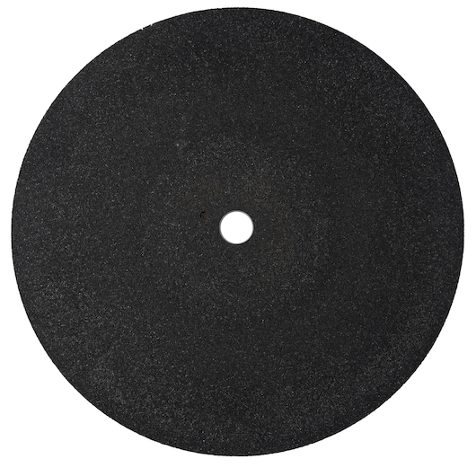 A close-up image of a round, black abrasive cutting disc with a central hole, suitable for power tools.