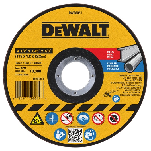 A DEWALT DWA8051 metal and stainless steel cutting wheel with yellow and black labeling. The wheel indicates dimensions of 4 1/2 inches x 0.045 inches x 7/8 inches (115 x 1.2 x 22.2 mm), maximum RPM of 13,300, and is intended for cutting metal and stainless materials. Safety icons and instructions are shown along the bottom.