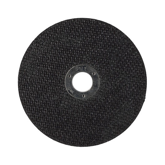 A close-up image of a black circular cutting disc with a textured surface and a central metal mounting hole.