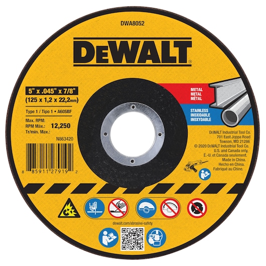 Dewalt DWA8052 5-inch metal and stainless cutting wheel, yellow label, safety icons, for U.S. and Canada only.