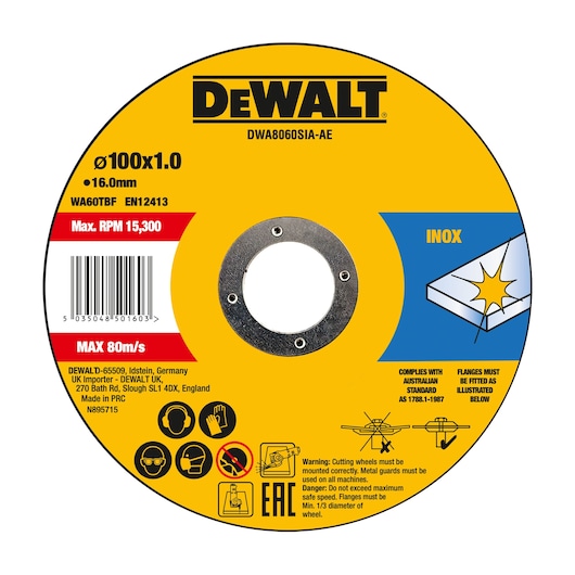 A DEWALT branded metal cutting disc, model DWA8060SIA-AE, with specifications indicating a diameter of 100 mm, thickness of 1.0 mm, and a 16 mm hole. The disc is designed for cutting stainless steel (INOX) and has a maximum RPM of 15,300 and a maximum speed of 80 m/s. The product label displays safety icons, usage instructions, a barcode, and manufacturer/importer information.