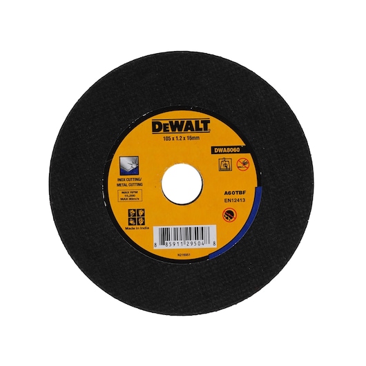 Photo of DEWALT DWA8060 black metal cutting wheel with yellow center label, front angle, round shape.