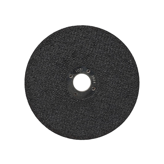 Photo of DEWALT DWA8060 black abrasive cutting disc, round with textured surface, front view, photography product.