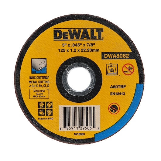 A DEWALT DWA8062 5-inch metal cutting disc with a yellow label. The disc is marked for inox and metal cutting with less than 0.1% Fe, Cl, and S. It has a maximum RPM of 12,200 and size specifications of 125 x 1.2 x 22.23 mm. The product is made in PRC and includes safety symbols.