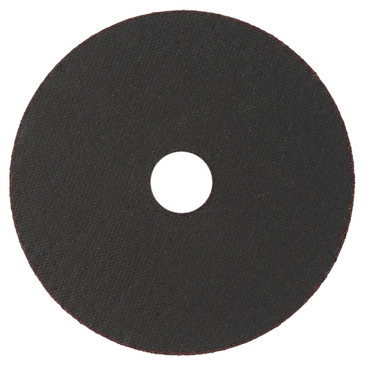 A close-up view of a black circular abrasive cutting disc with a central hole, commonly used with power tools for cutting metal or other materials.