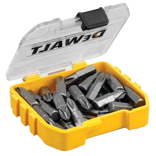 A yellow plastic storage case with a transparent lid displaying the DEWALT logo, containing several metal screwdriver bits.
