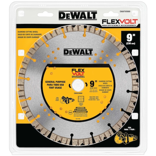 DEWALT FLEXVOLT diamond cutting wheel, model DWAFV8900, in retail packaging. The blade is 9 inches (230 mm) in diameter, designed for general purpose cutting, and features segmented diamond edges. Packaging displays product details and warnings.