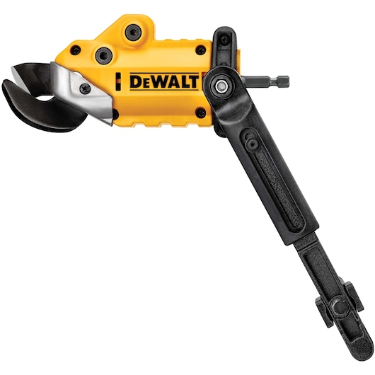 A DEWALT-branded yellow and black metal shear attachment for power tools, designed to cut sheet metal. The tool features a sharp, curved cutting blade and an adjustable arm.