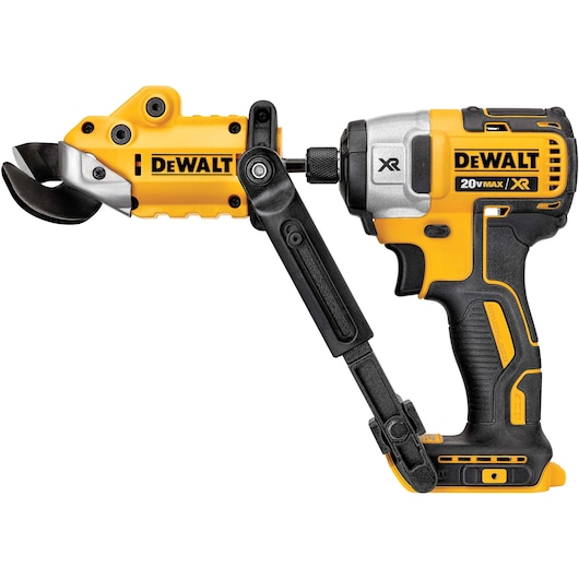 A DEWALT 20V Max XR cordless power tool with a yellow and black design. The tool features a brushless motor and has a specialized attachment resembling metal shears for cutting materials.