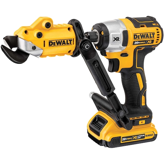 A DEWALT 20V Max XR cordless tool featuring a black and yellow handle and body, attached to a specialized cutting head for industrial applications.