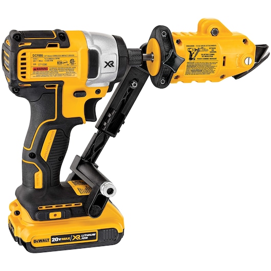 A DEWALT 20V Max cordless brushless impact driver with a yellow and black metal shear attachment designed for cutting sheet metal.