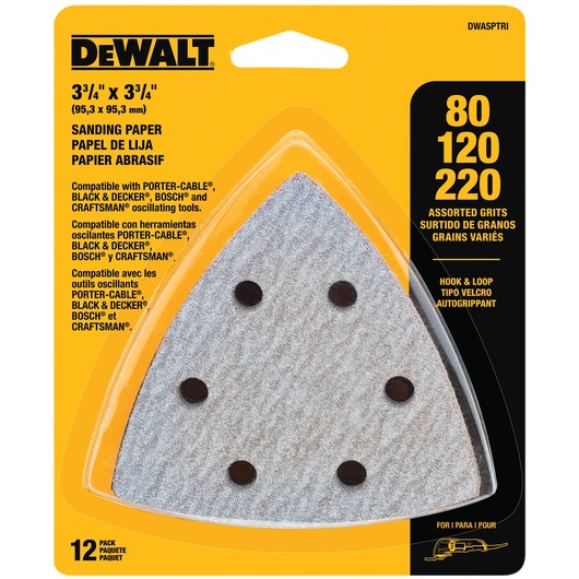DEWALT brand tri-angular sanding paper pack for oscillating tools. The package contains 12 pieces with assorted grits of 80, 120, and 220. Size is 3-3/4 x 3-3/4 inches. Compatible with PORTER-CABLE, BLACK & DECKER, BOSCH, and CRAFTSMAN tools. Hook & loop attachment.