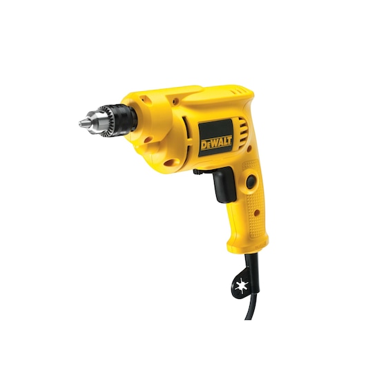 Yellow DEWALT electric drill with a trigger and cord, shown against a white background.