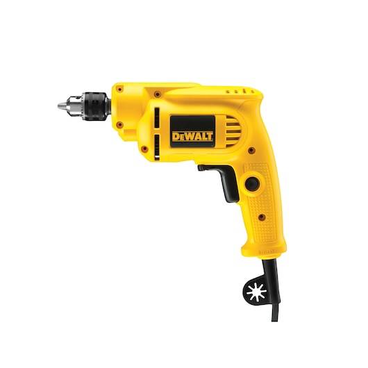A yellow DEWALT electric drill with a black grip and chuck, shown from the side against a white background.