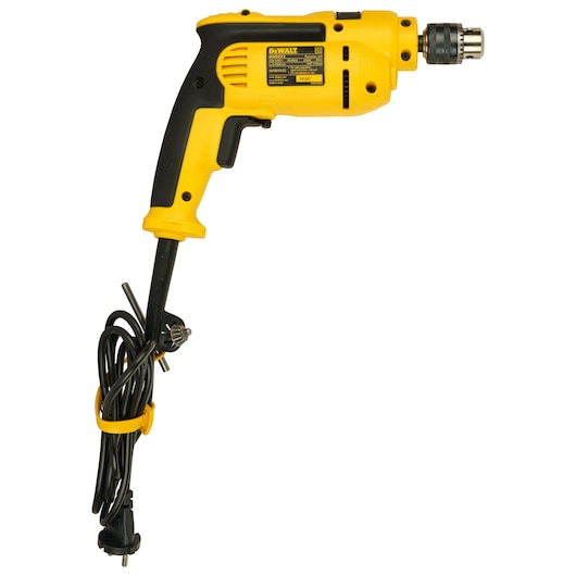 A yellow and black DEWALT electric corded drill with a side handle and attached cord, model DWD022, shown against a white background.