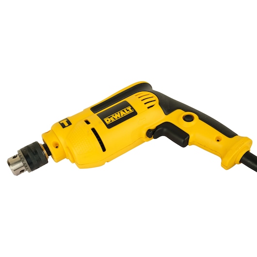 A yellow and black DEWALT corded electric drill, model DWD022, shown on a white background.