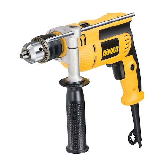 A yellow and black DEWALT corded electric drill with a side handle and metal chuck key attached, shown against a white background.