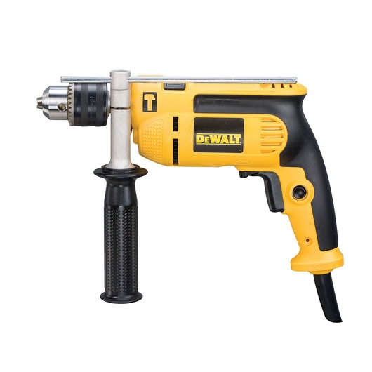 A yellow and black DEWALT corded electric drill with a side handle and depth gauge, designed for heavy-duty drilling tasks.