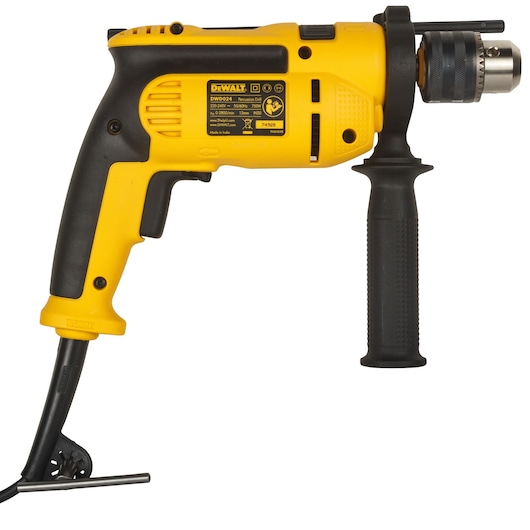 A yellow and black DEWALT electric drill with a side handle and a key attached to the power cord.