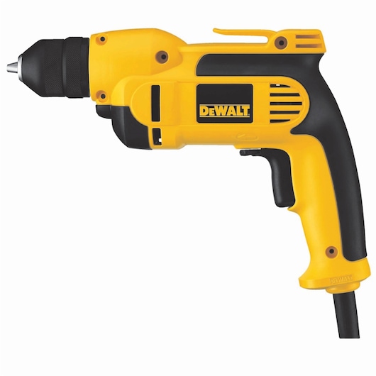 A yellow and black DEWALT electric drill, shown from the side with a cord attached and a keyless chuck.