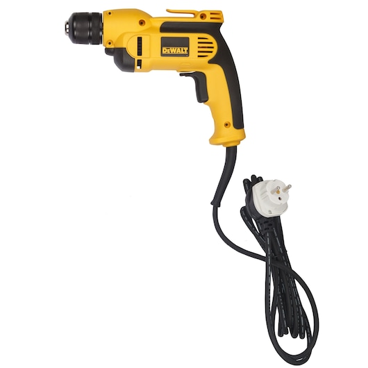 A yellow and black DEWALT electric drill with a cord and plug, shown on a white background.