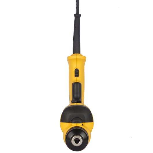 Front view of a yellow and black DEWALT electric drill with a cord, showing the chuck and handle.