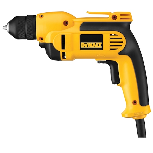 A yellow and black DEWALT electric corded drill with a pistol grip, displayed against a white background.